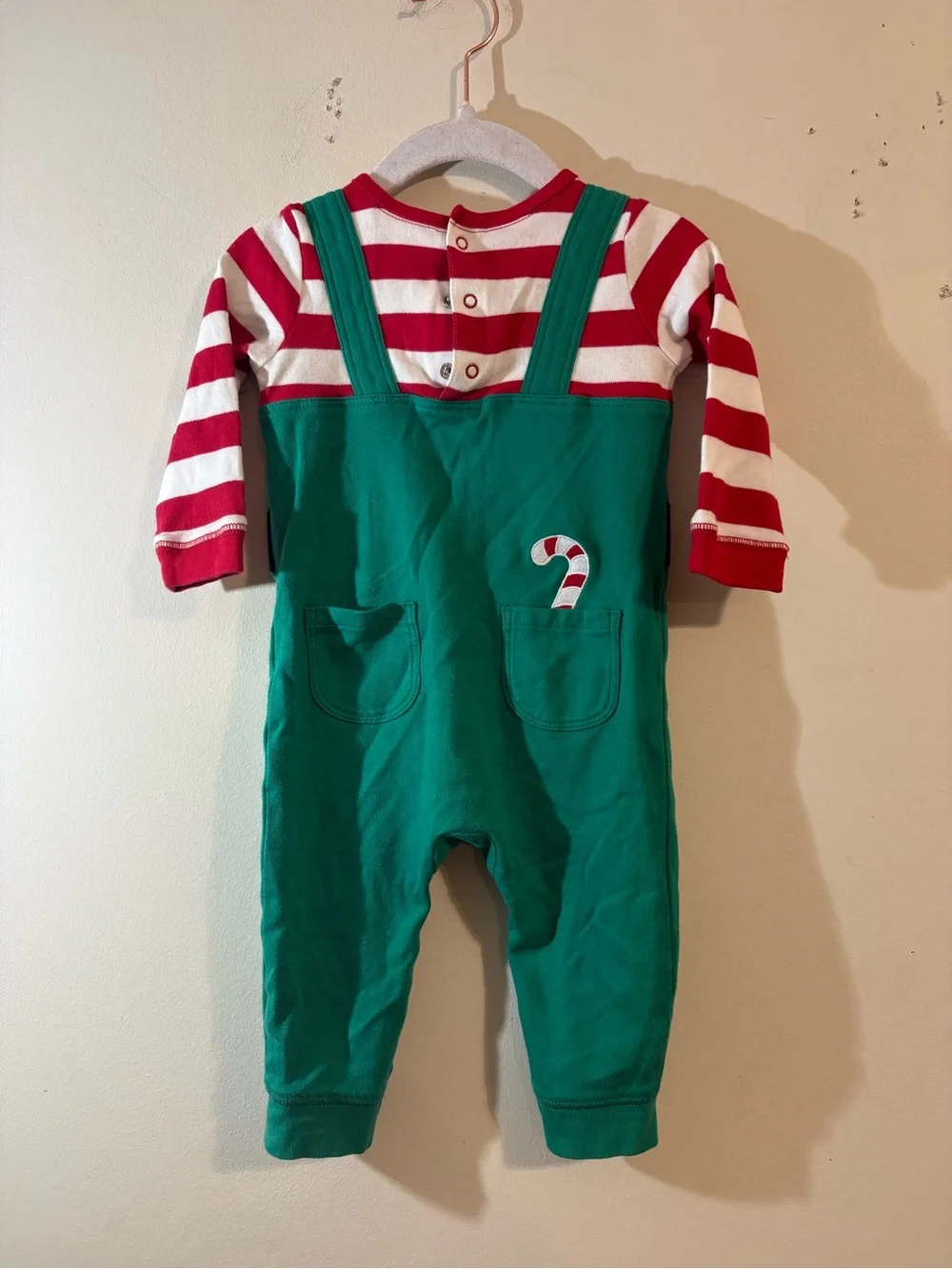 Gymboree holiday elf baby romper 6/12 month green red white stripe Christmas